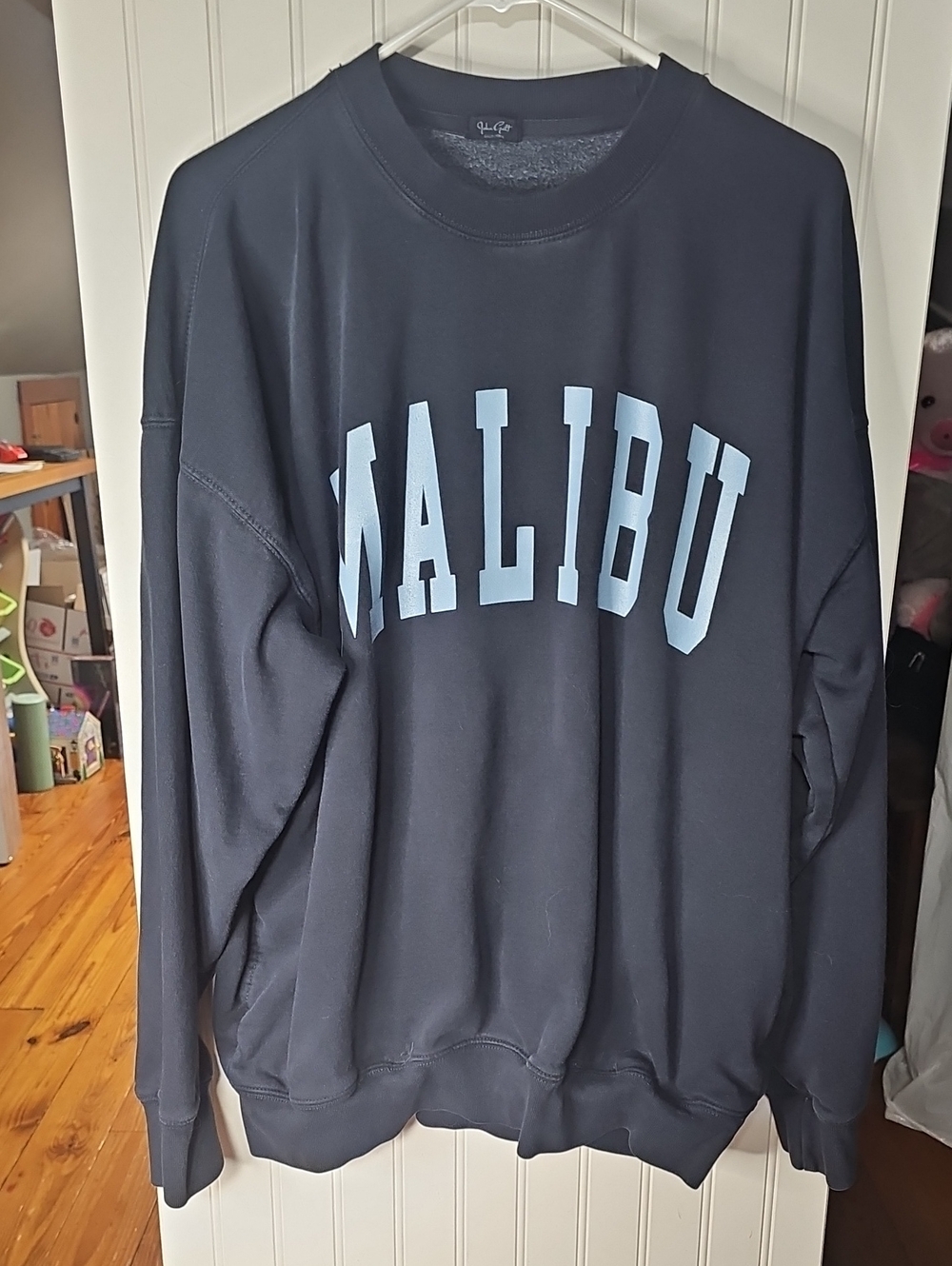Brandy Melville Navy Crewneck with Light Blue MALIBU Graphic